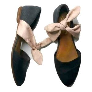 TOMS Black Leather Rose Bow Jutti D'Orsay Slip On